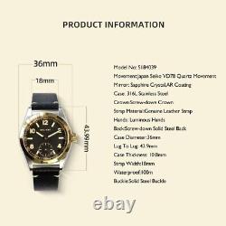 Baltany Men's Pilot Watch Luxury 36mm Military Quartz Watch VD78 10ATM Light