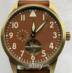 SOLID BRASS, Automatic SeaGull field watch, pilot flieger, flywheel, Chestnut