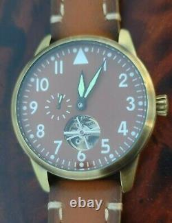 SOLID BRASS, Automatic SeaGull field watch, pilot flieger, flywheel, Chestnut