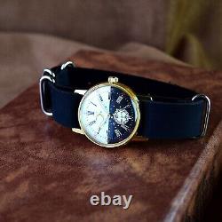 Vintage Soviet watch Pobeda with Leather Strap Man Day Night Dial Military watch